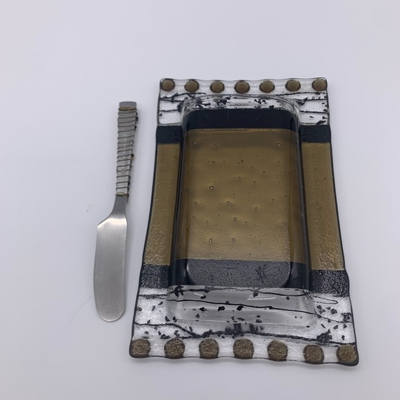 Fused Studio Art Glass Kathy Hudson Snack Tray With Decorative SS Knife Signed - Picture 7 of 12